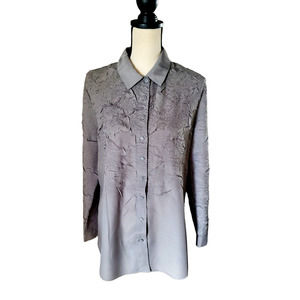 Chico's Gray Textured Silky Polyester Button Front Long Tunic Top Blouse 1 or M